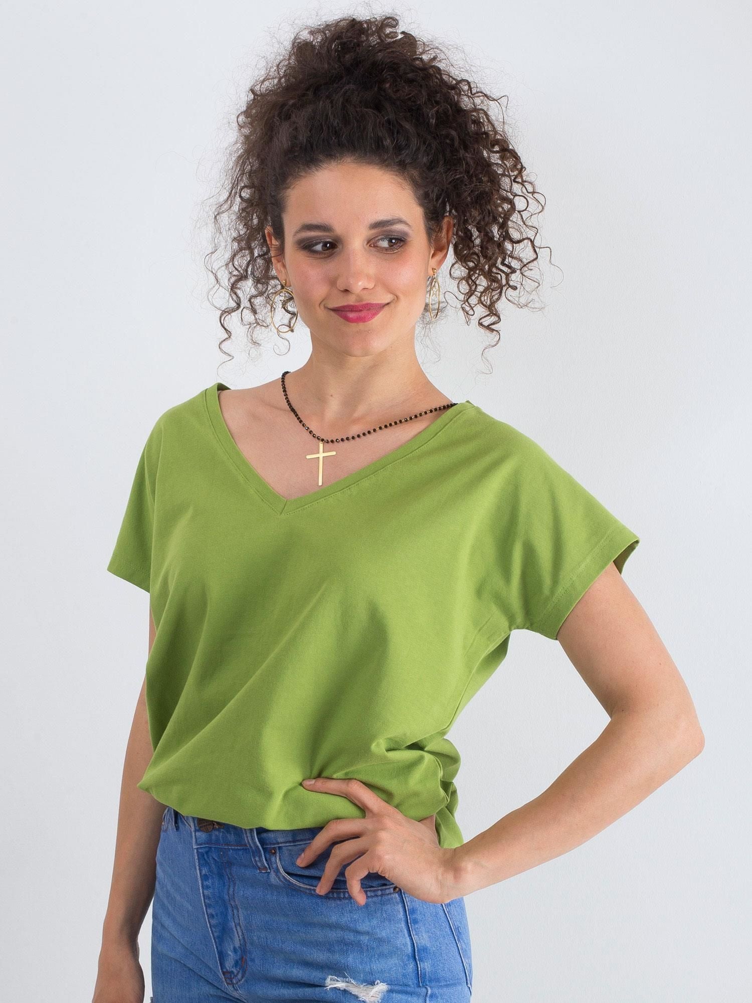 Bawełniany t-shirt V-neck jasnozielony