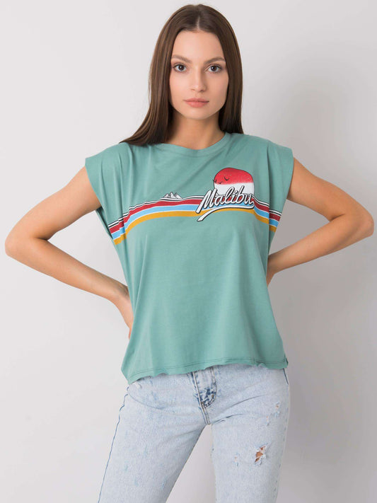 Jasnozielony bawełniany t-shirt damski z nadrukiem
