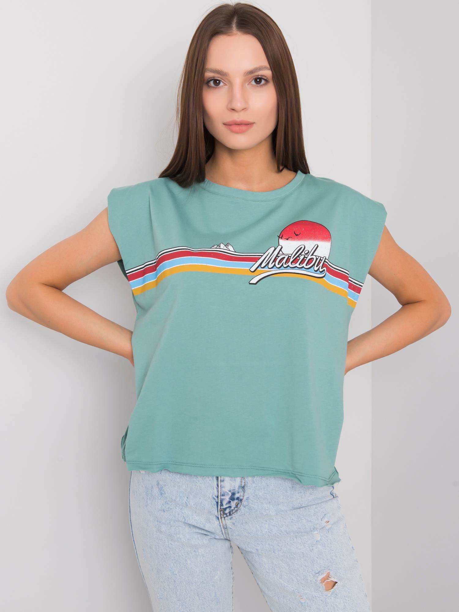 Jasnozielony bawełniany t-shirt damski z nadrukiem