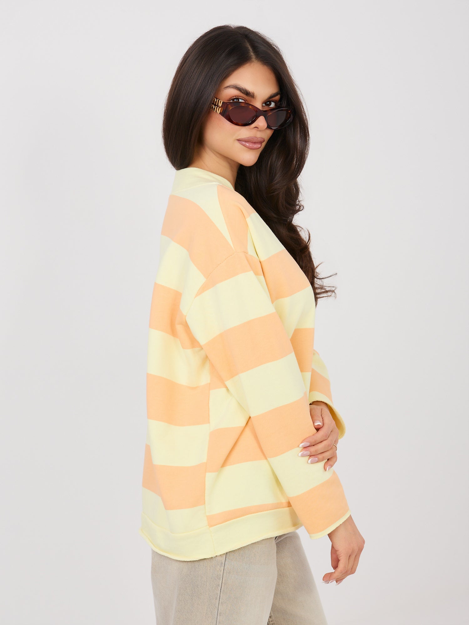 Jasnożółto-pomarańczow casualowa bluza oversize w paski