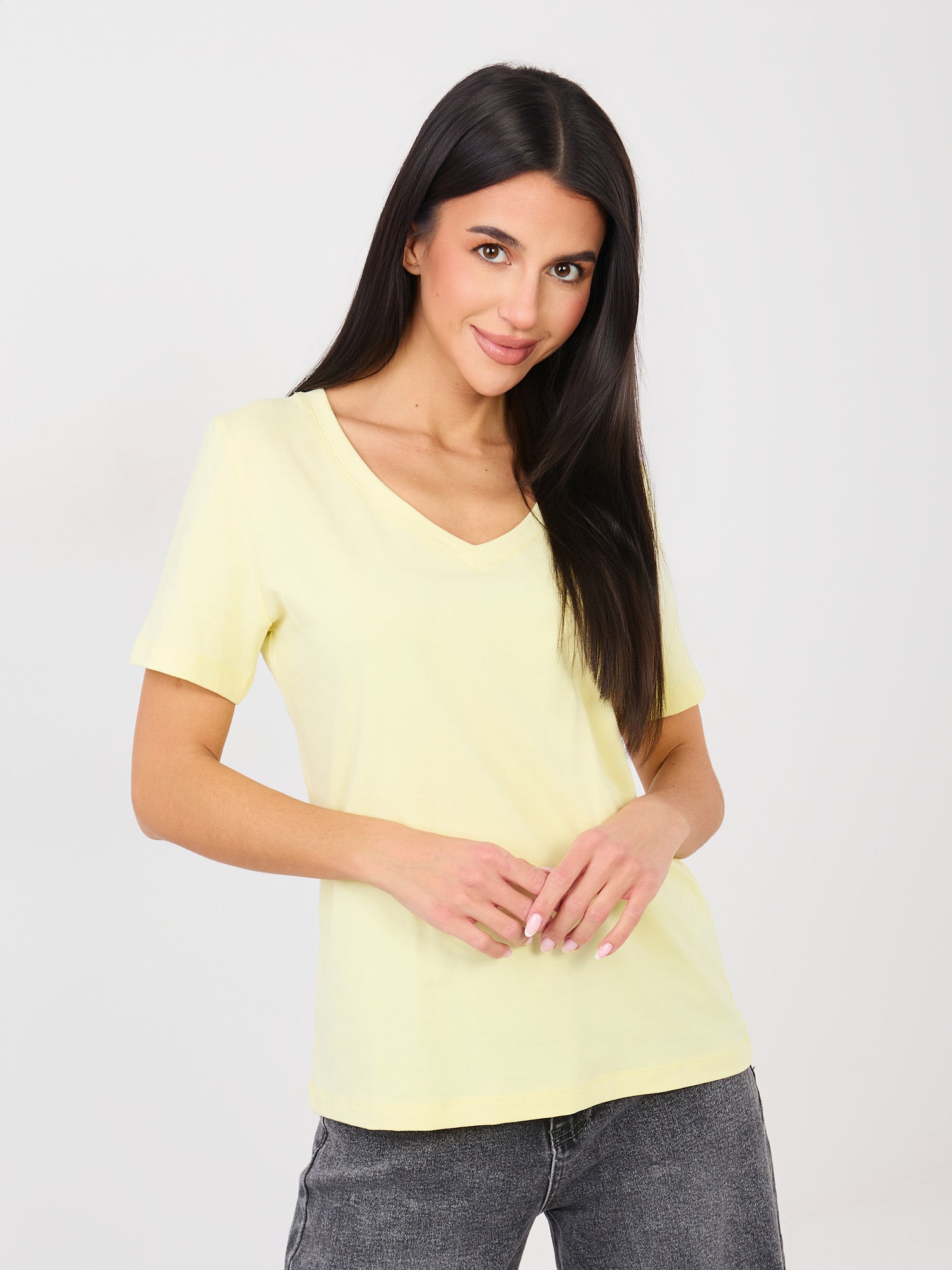 RUE PARIS Jasnożółty t-shirt basic o klasycznym kroju