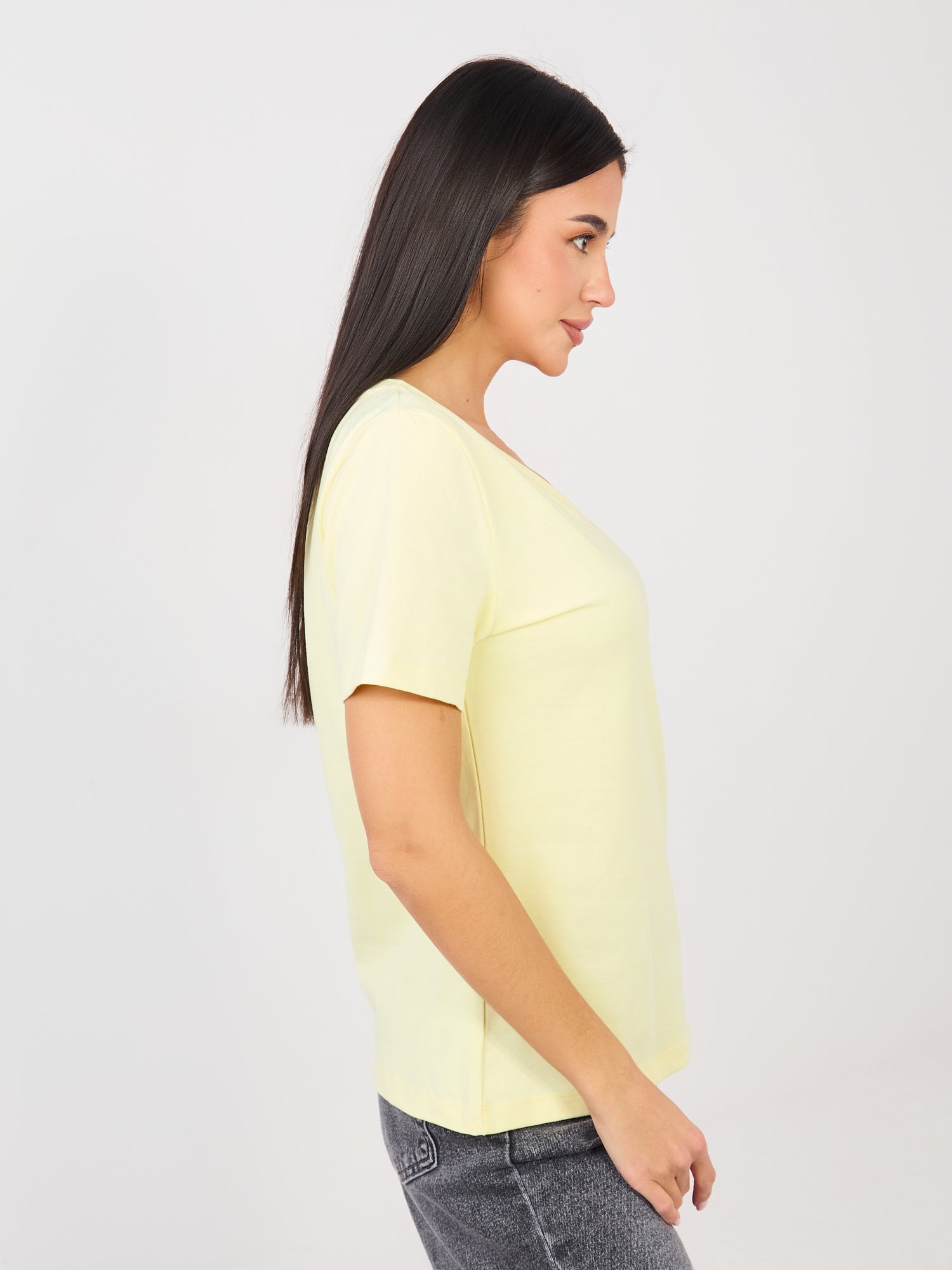 RUE PARIS Jasnożółty t-shirt basic o klasycznym kroju