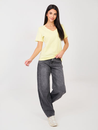 RUE PARIS Jasnożółty t-shirt basic o klasycznym kroju