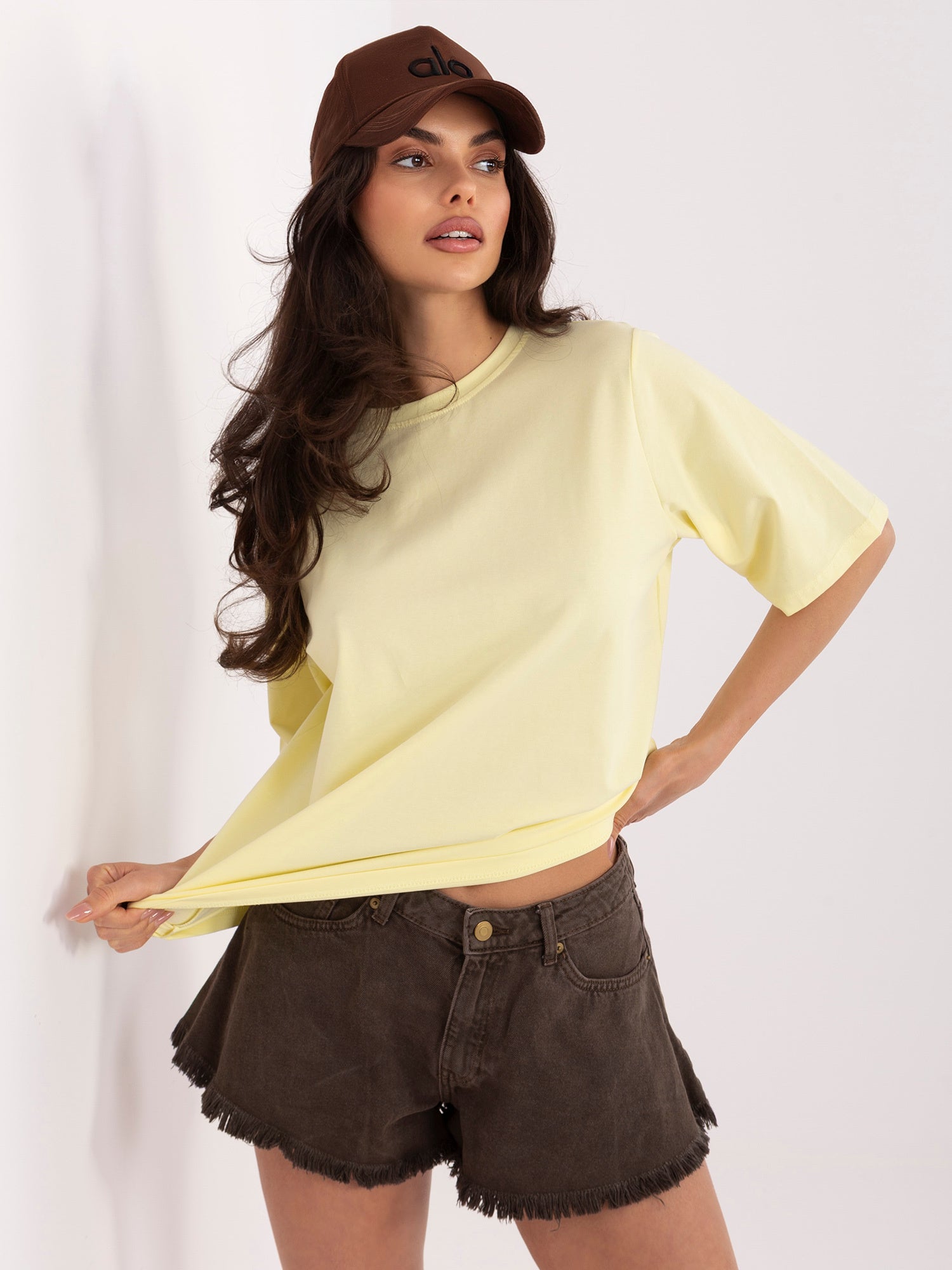 RUE PARIS Jasnożółty damski t-shirt basic z bawełny