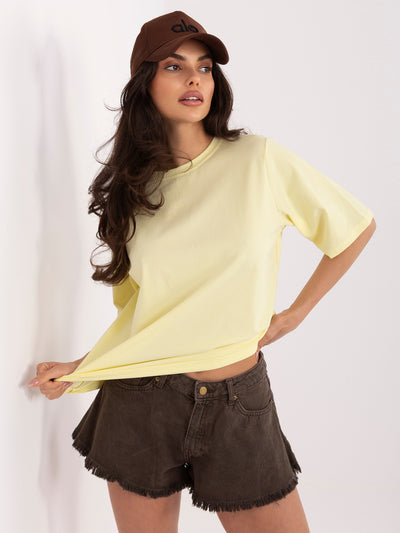 RUE PARIS Jasnożółty damski t-shirt basic z bawełny
