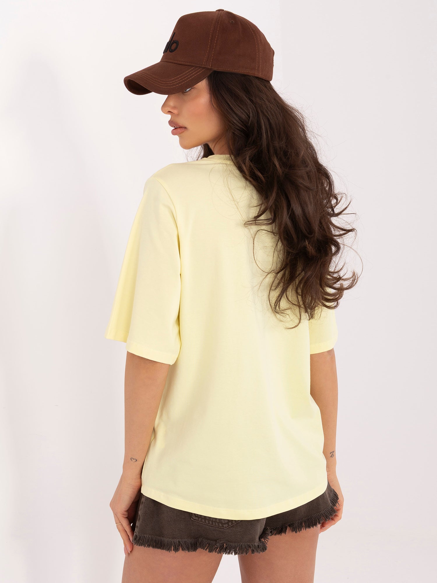 RUE PARIS Jasnożółty damski t-shirt basic z bawełny