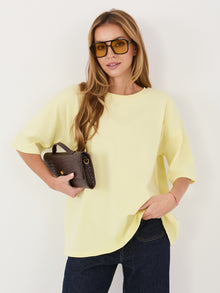 RUE PARIS Jasnożółty damski t-shirt basic z bawełny