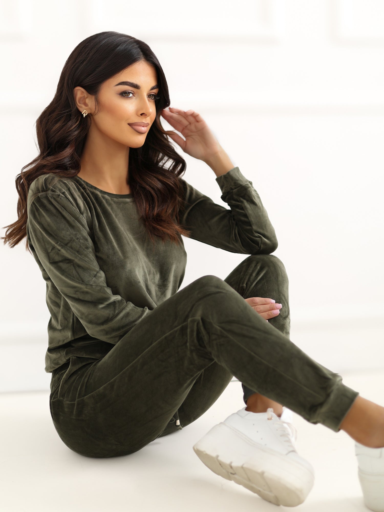 RUE PARIS Jasny khaki komplet z weluru