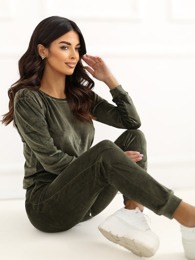 RUE PARIS Jasny khaki komplet z weluru