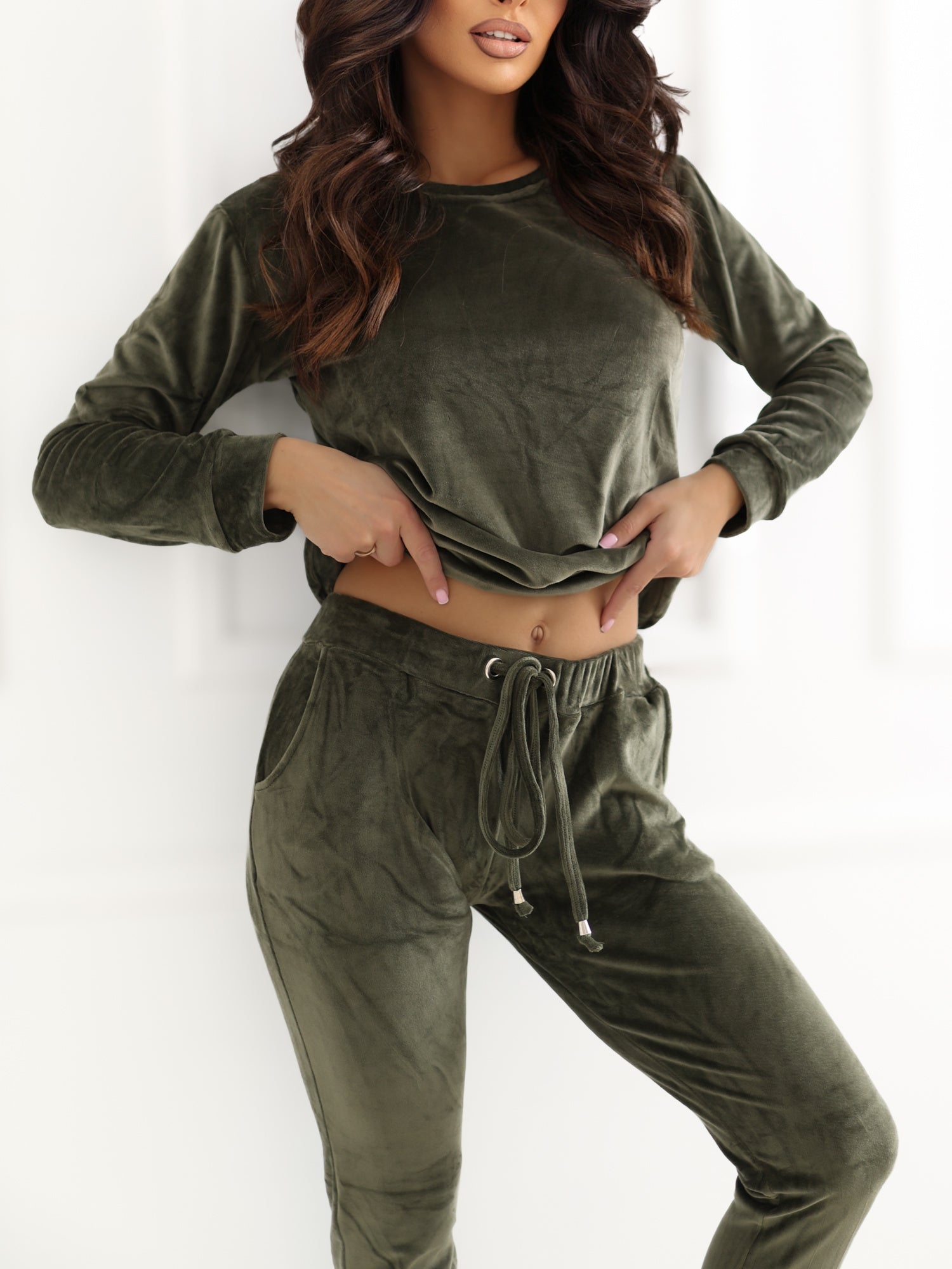 RUE PARIS Jasny khaki komplet z weluru
