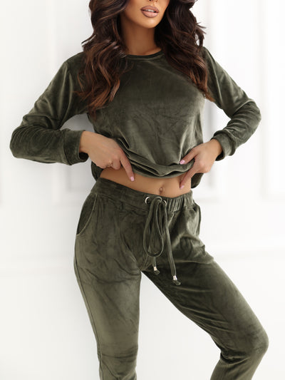 RUE PARIS Jasny khaki komplet z weluru