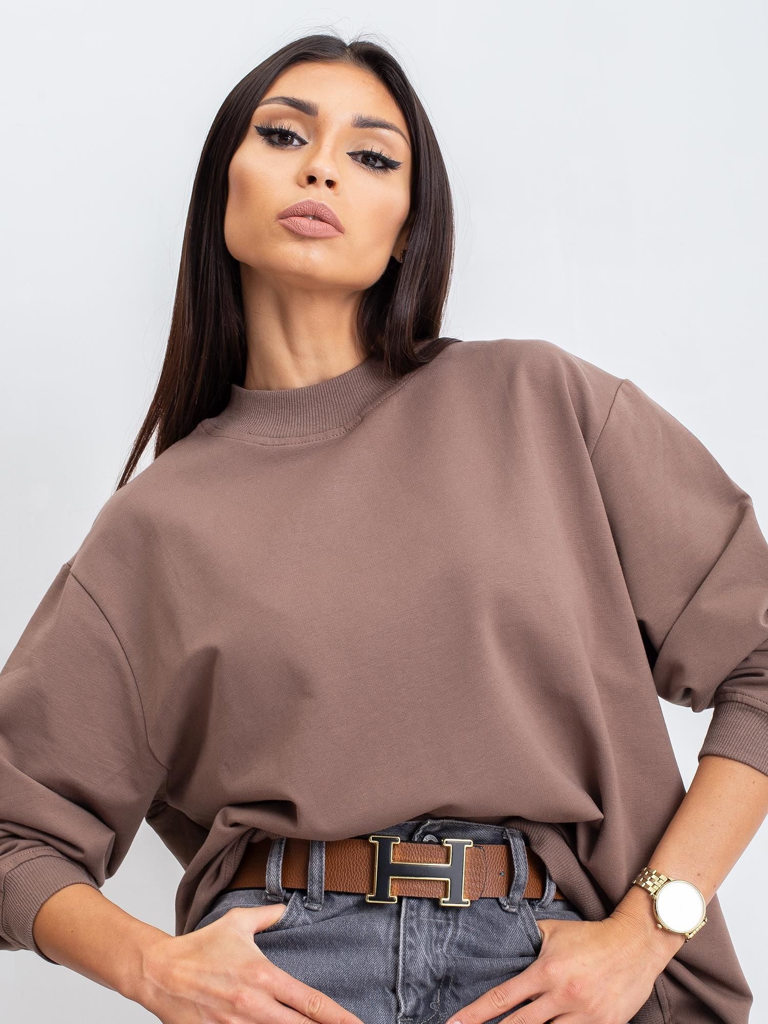 Kawowa bawełniana bluza basic