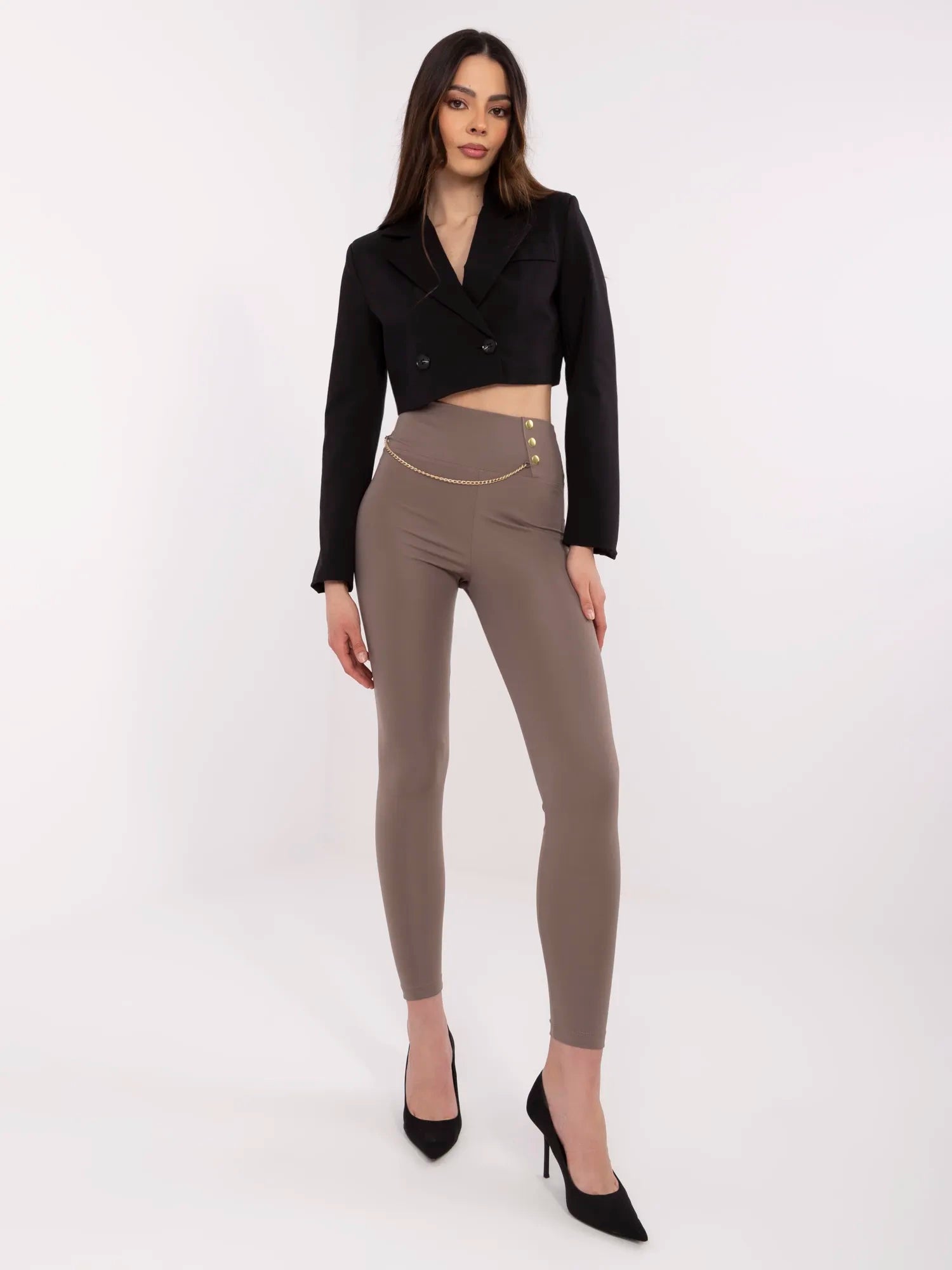 Kawowe damskie legginsy z ozdobnymi zatrzaskami