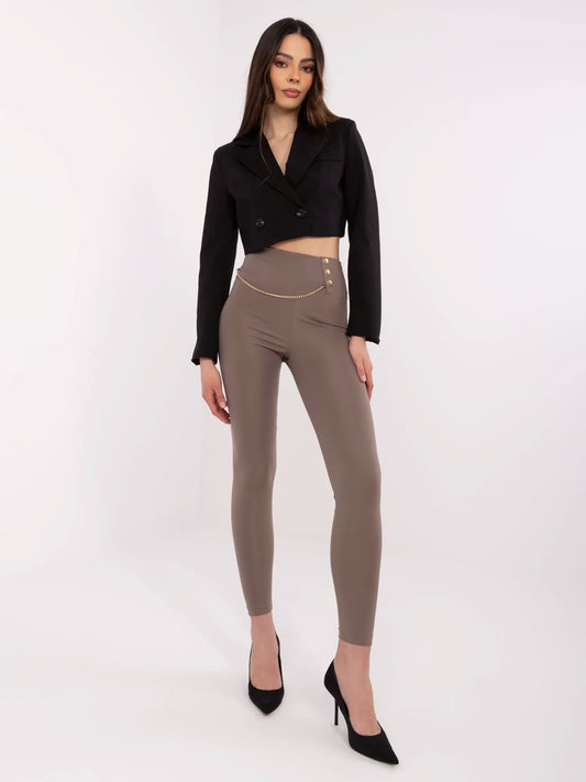 Kawowe damskie legginsy z ozdobnymi zatrzaskami