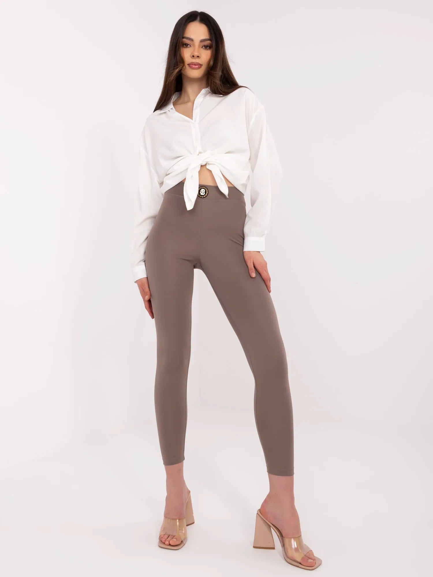 Kawowe damskie legginsy z dżetami