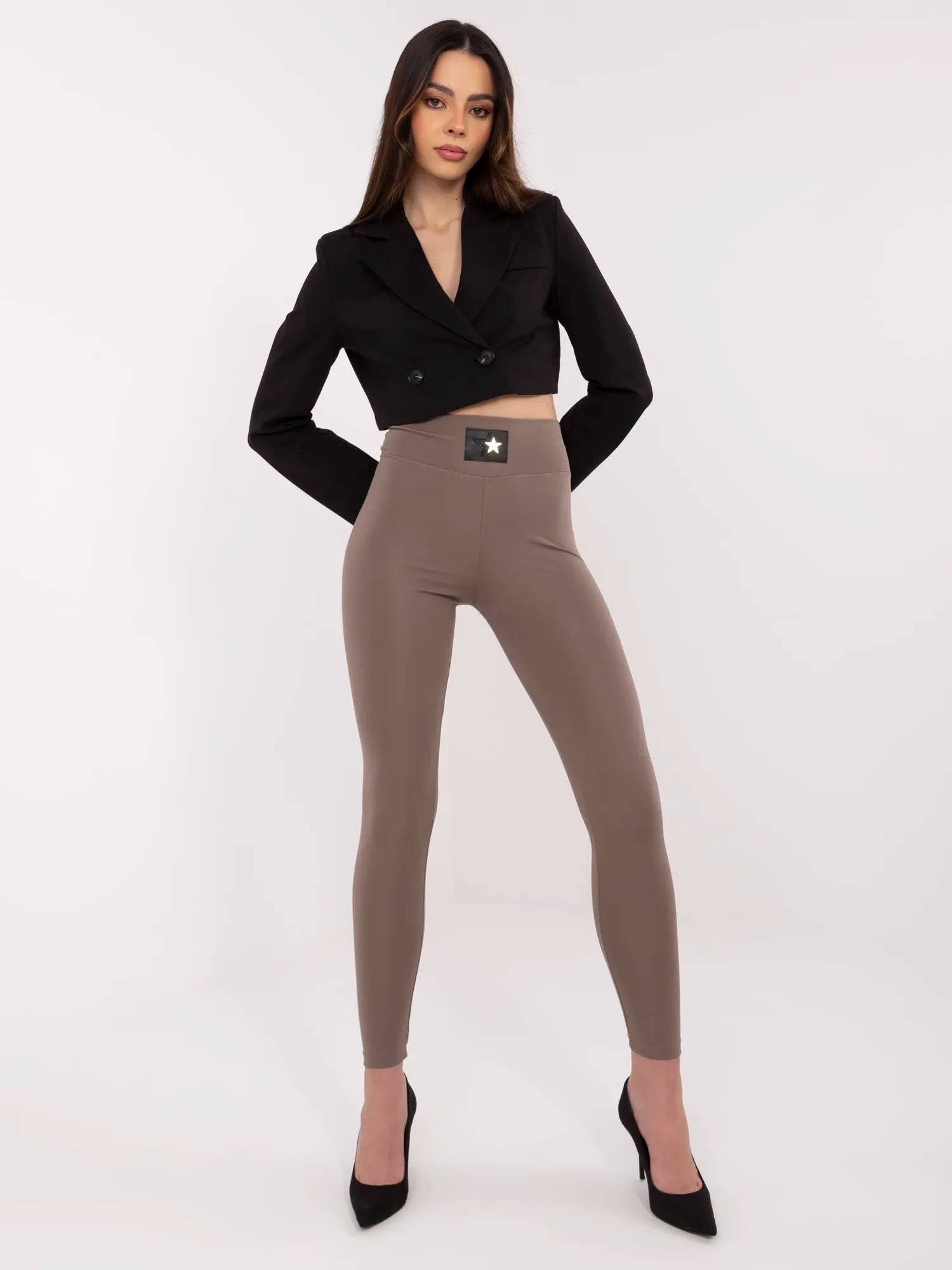 Kawowe damskie legginsy z wysokim stanem
