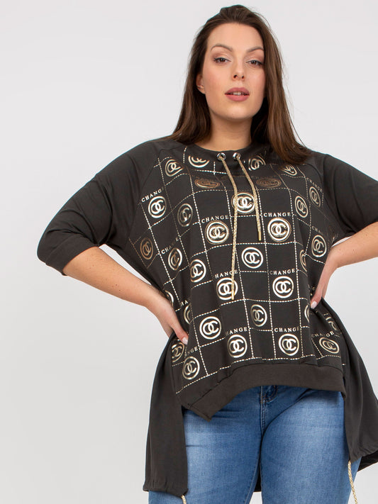 Khaki asymetryczna bluzka plus size z aplikacją