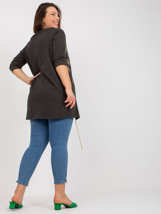 Khaki asymetryczna bluzka plus size z aplikacją