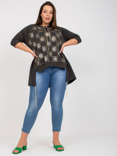 Khaki asymetryczna bluzka plus size z aplikacją
