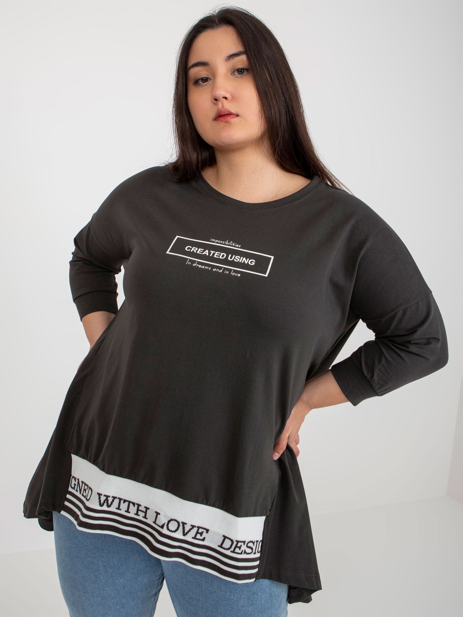 Khaki bawełniana tunika plus size z gumką na dole