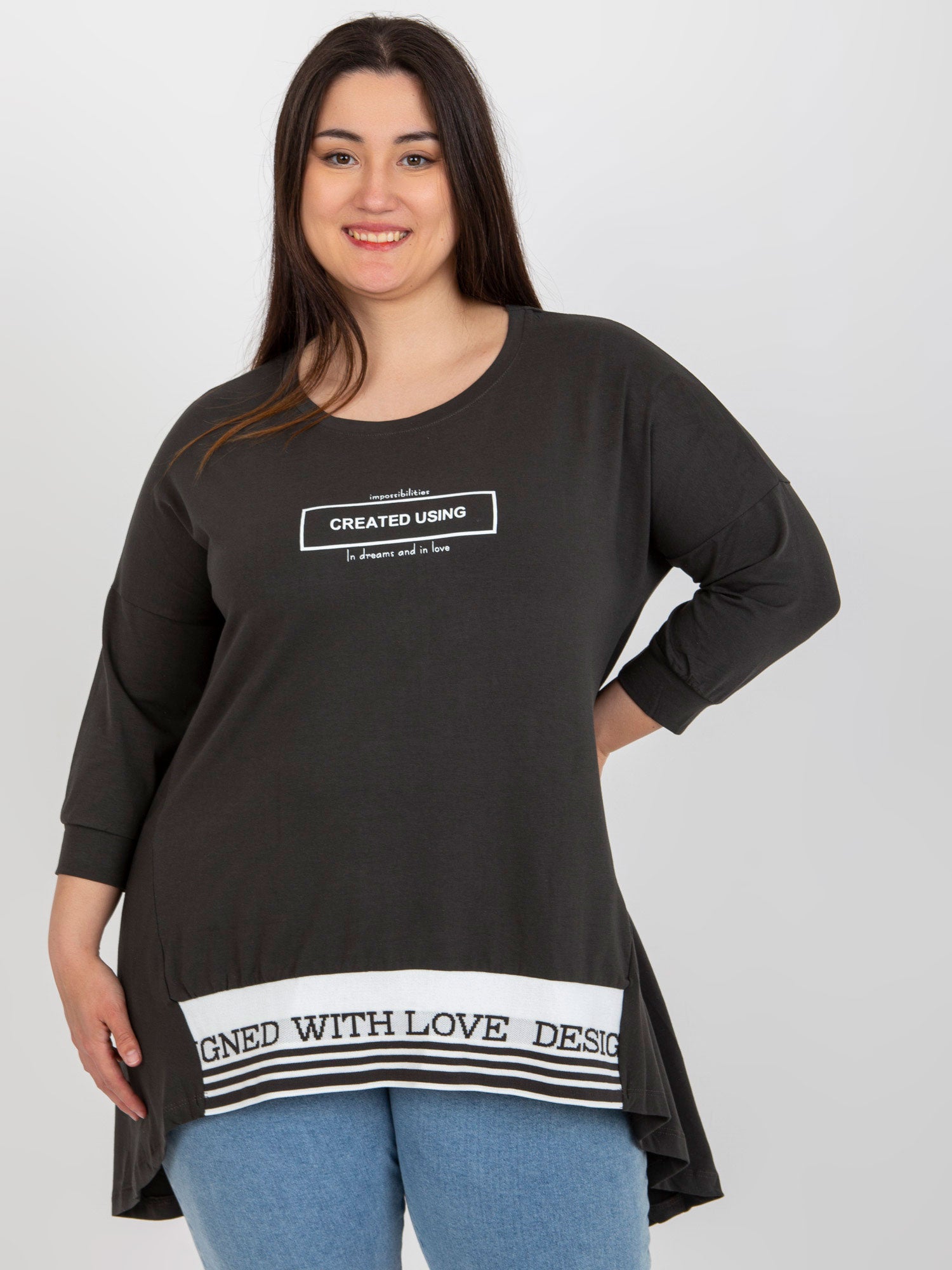 Khaki bawełniana tunika plus size z gumką na dole