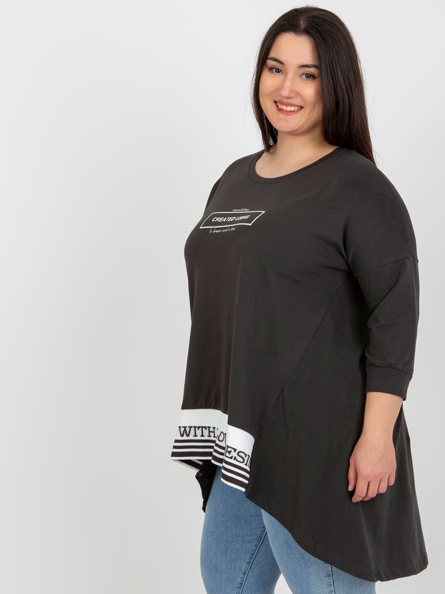 Khaki bawełniana tunika plus size z gumką na dole