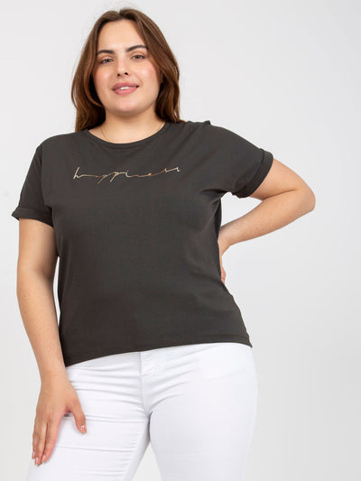 Khaki asymetryczny t-shirt plus size z napisem