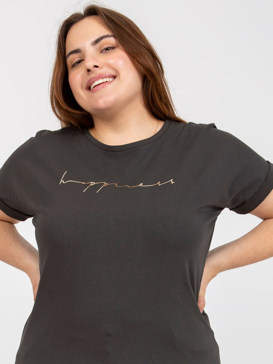 Khaki asymetryczny t-shirt plus size z napisem