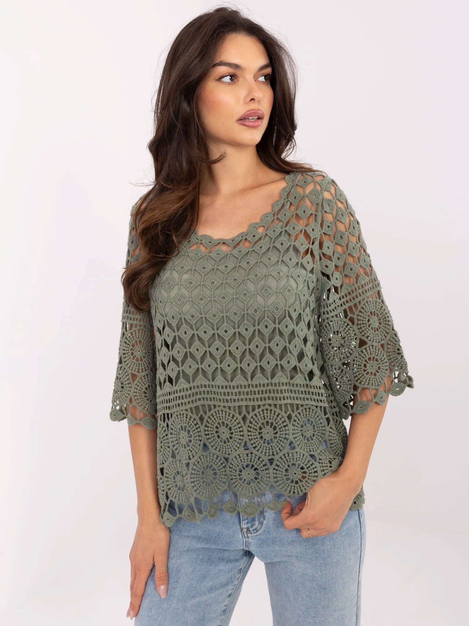 Khaki ażurowa bluzka boho na lato