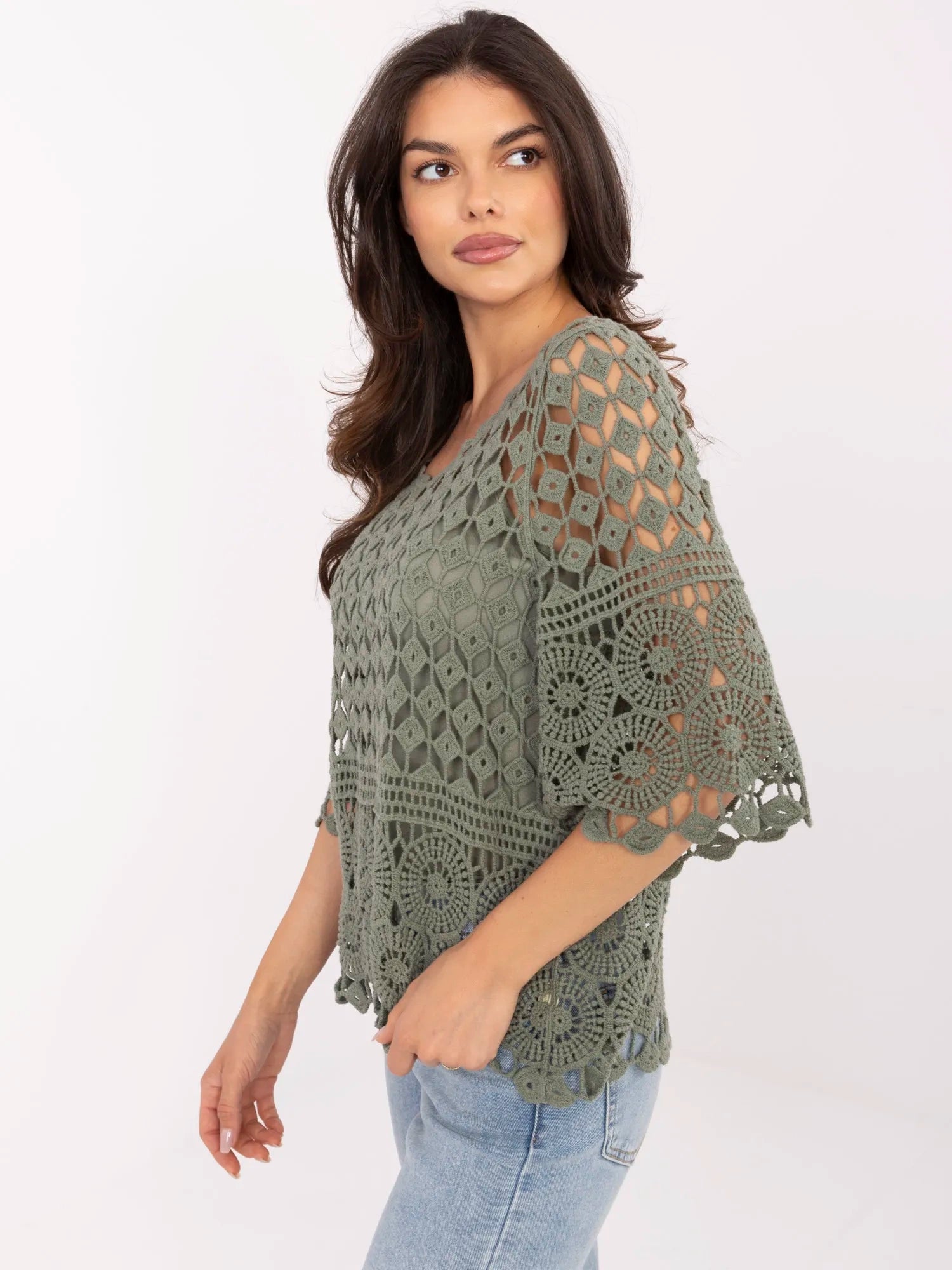 Khaki ażurowa bluzka boho na lato