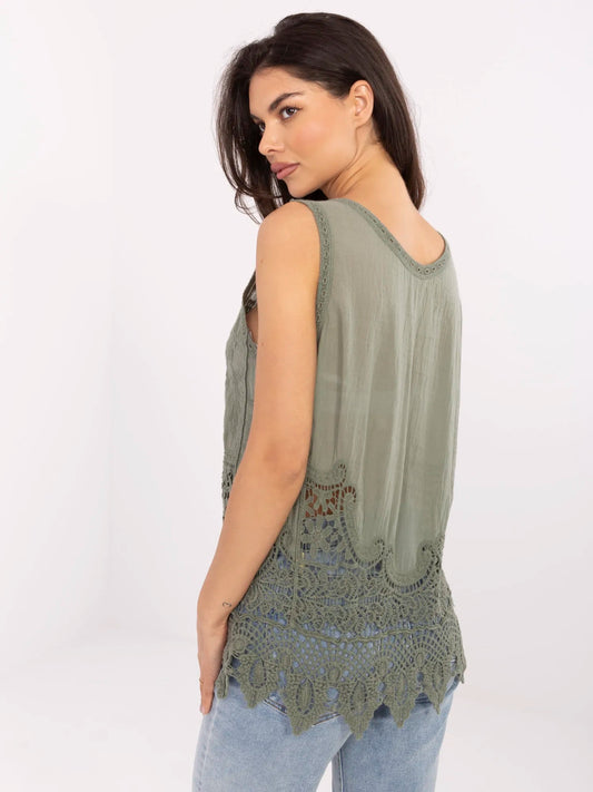 Khaki luźna bluzka boho z haftem