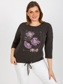 Khaki bluzka plus size z aplikacją i nadrukiem