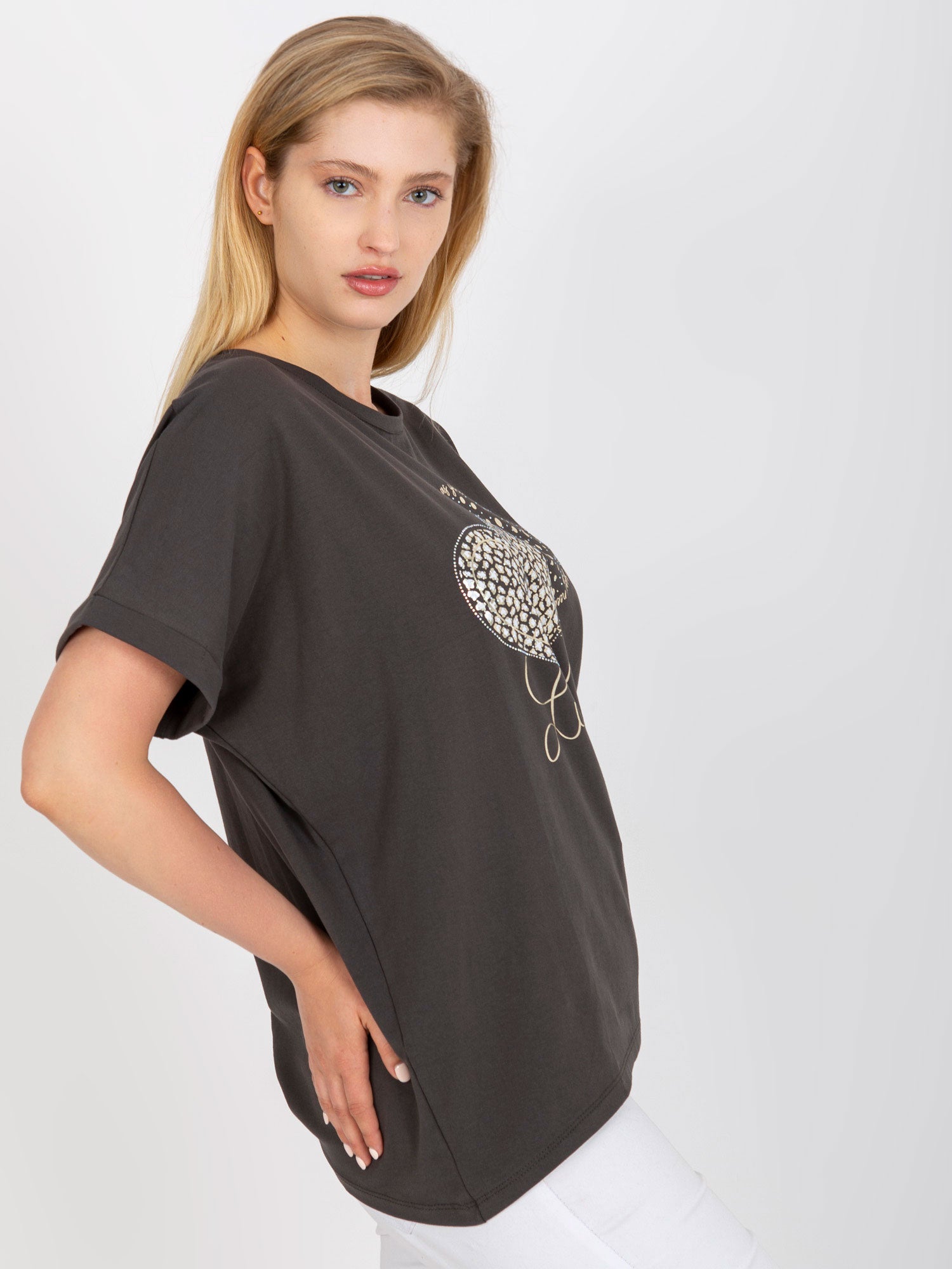 Khaki bawełniany t-shirt plus size z krótkim rękawem