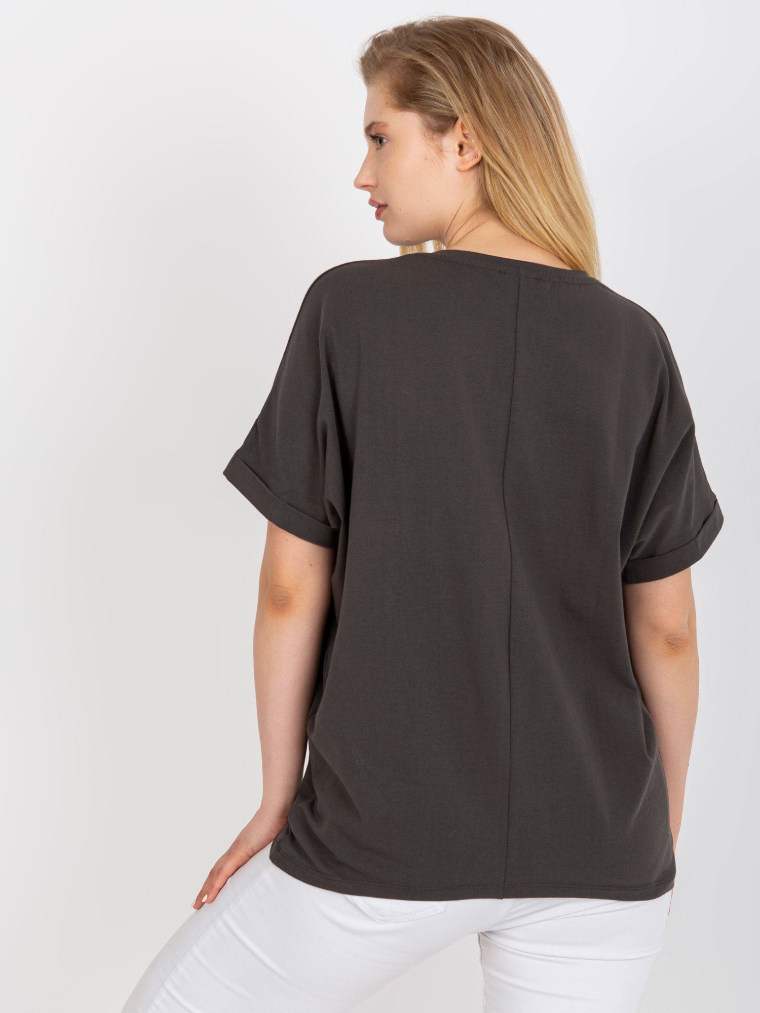 Khaki bawełniany t-shirt plus size z krótkim rękawem