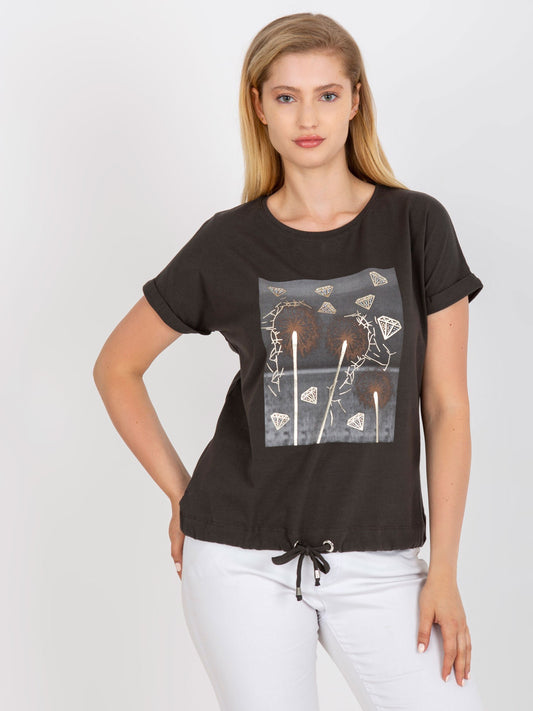 Khaki bawełniany t-shirt plus size ze ściągaczem