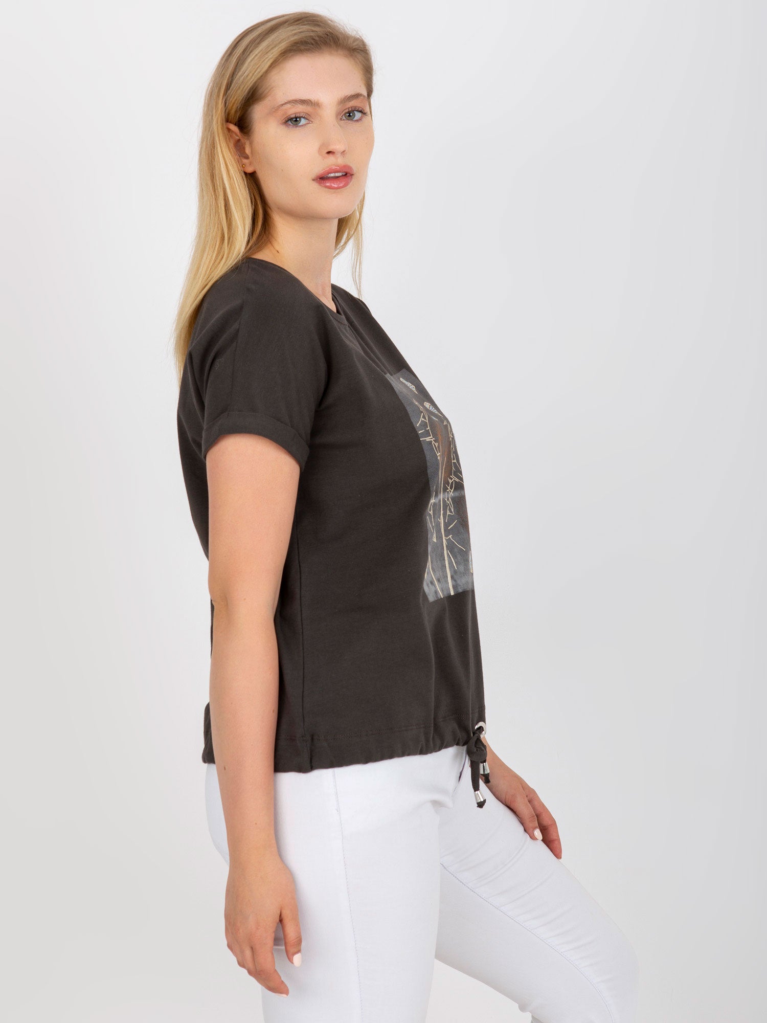 Khaki bawełniany t-shirt plus size ze ściągaczem