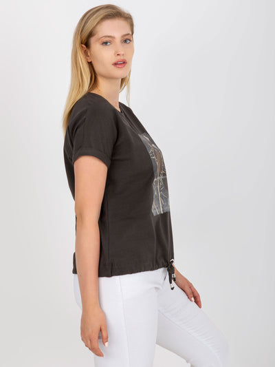 Khaki bawełniany t-shirt plus size ze ściągaczem