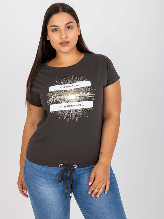 Khaki bawełniany t-shirt plus size z aplikacją