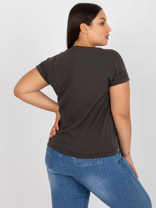 Khaki bawełniany t-shirt plus size z aplikacją