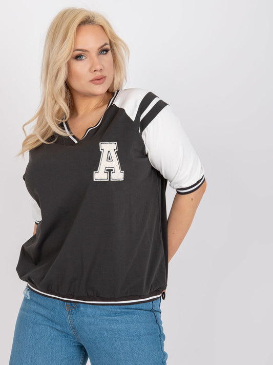 Khaki-biała bluzka plus size z naszywką