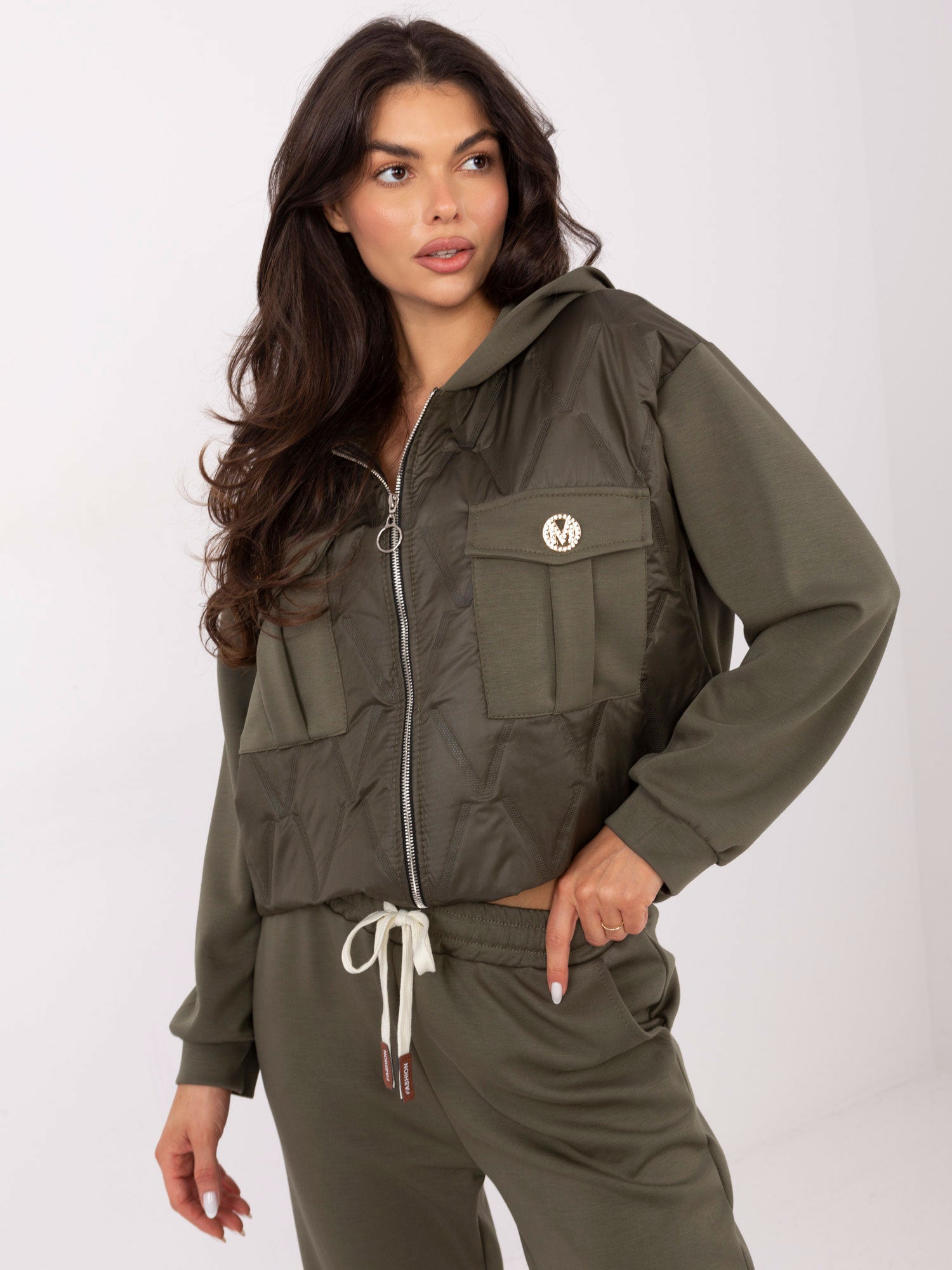 Khaki casualowy komplet z kieszeniami
