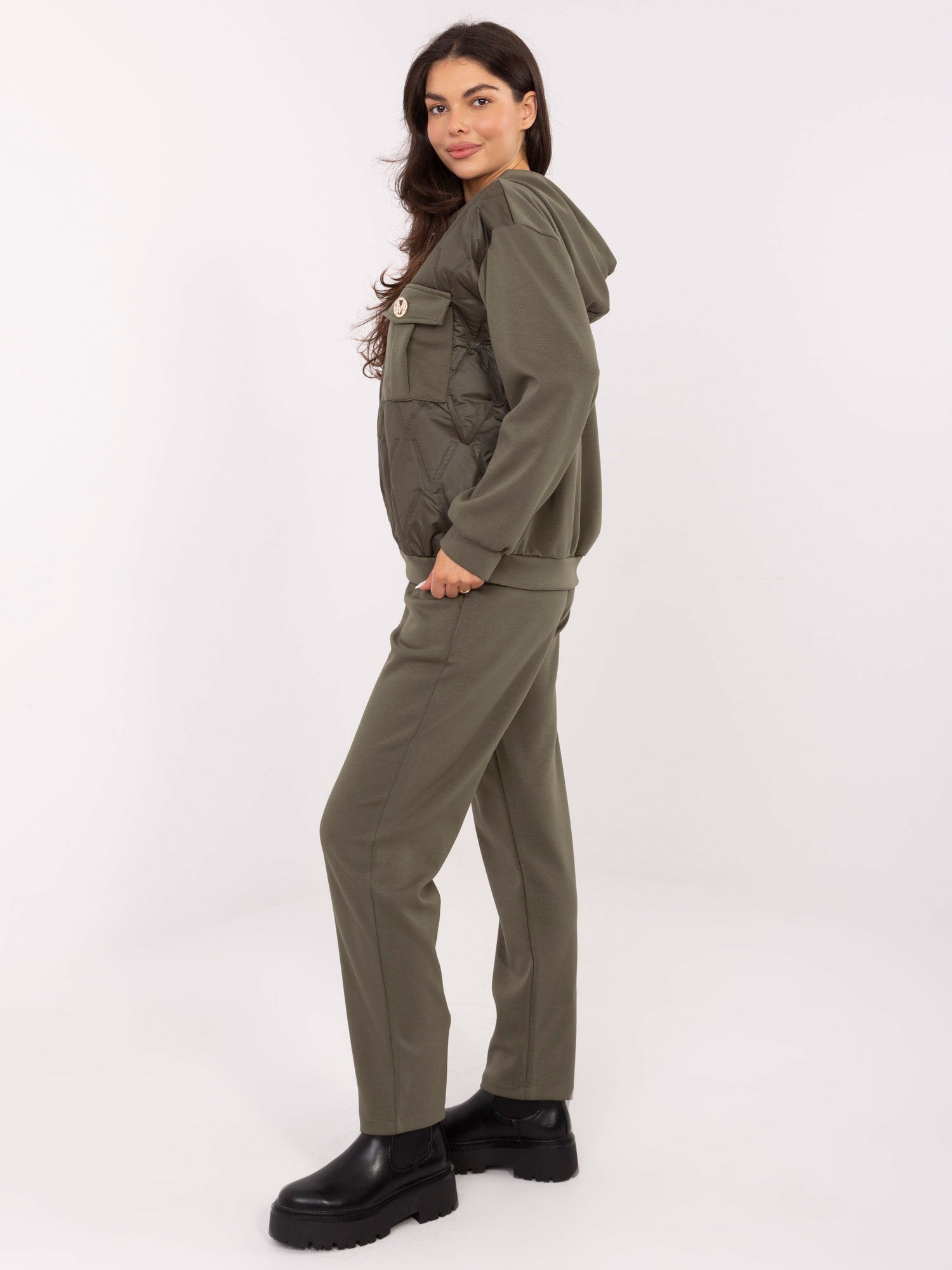 Khaki casualowy komplet z kieszeniami