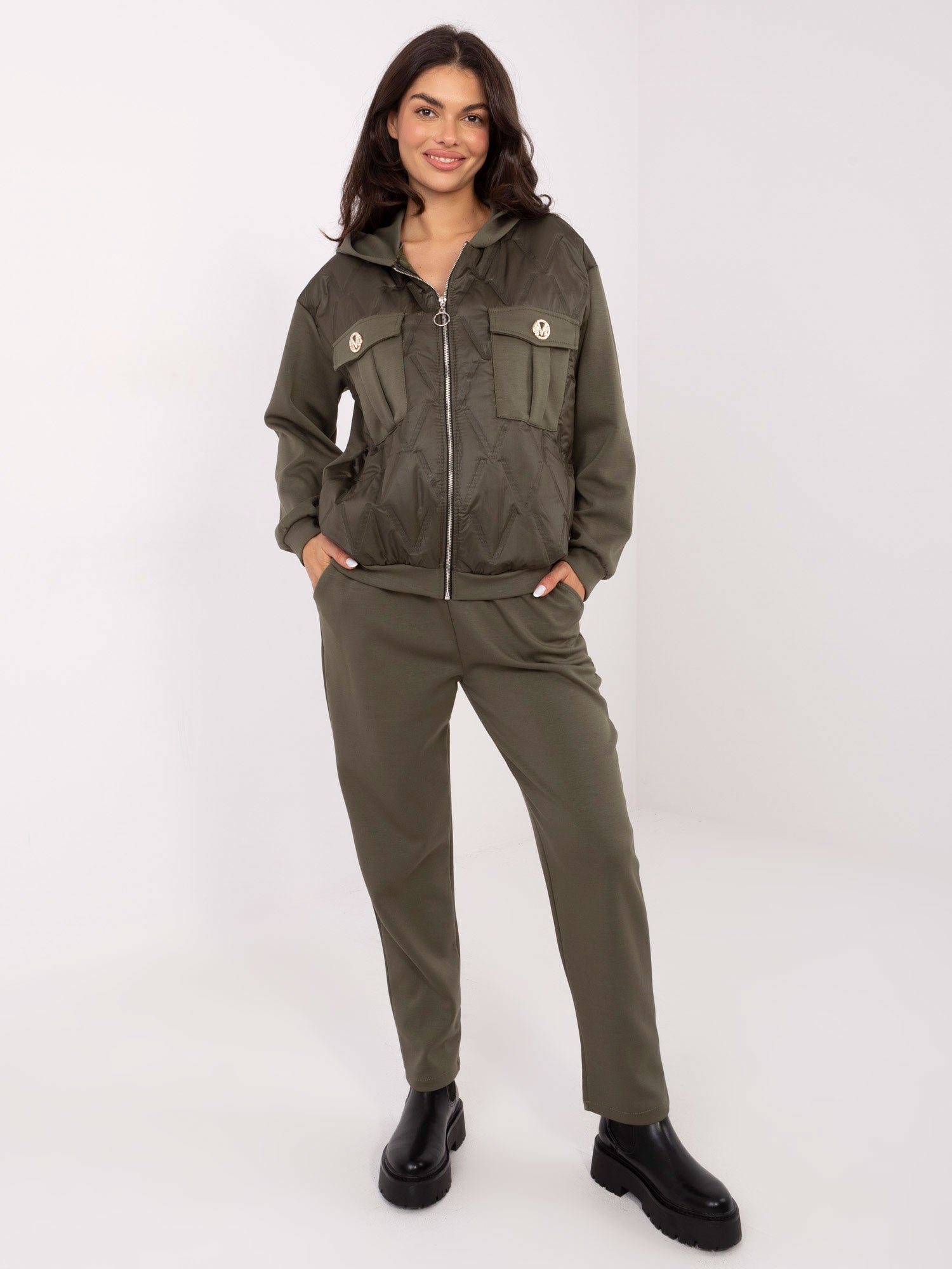 Khaki casualowy komplet z kieszeniami