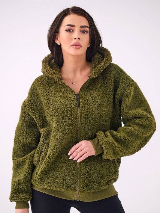 Khaki futrzana bluza o kroju oversize