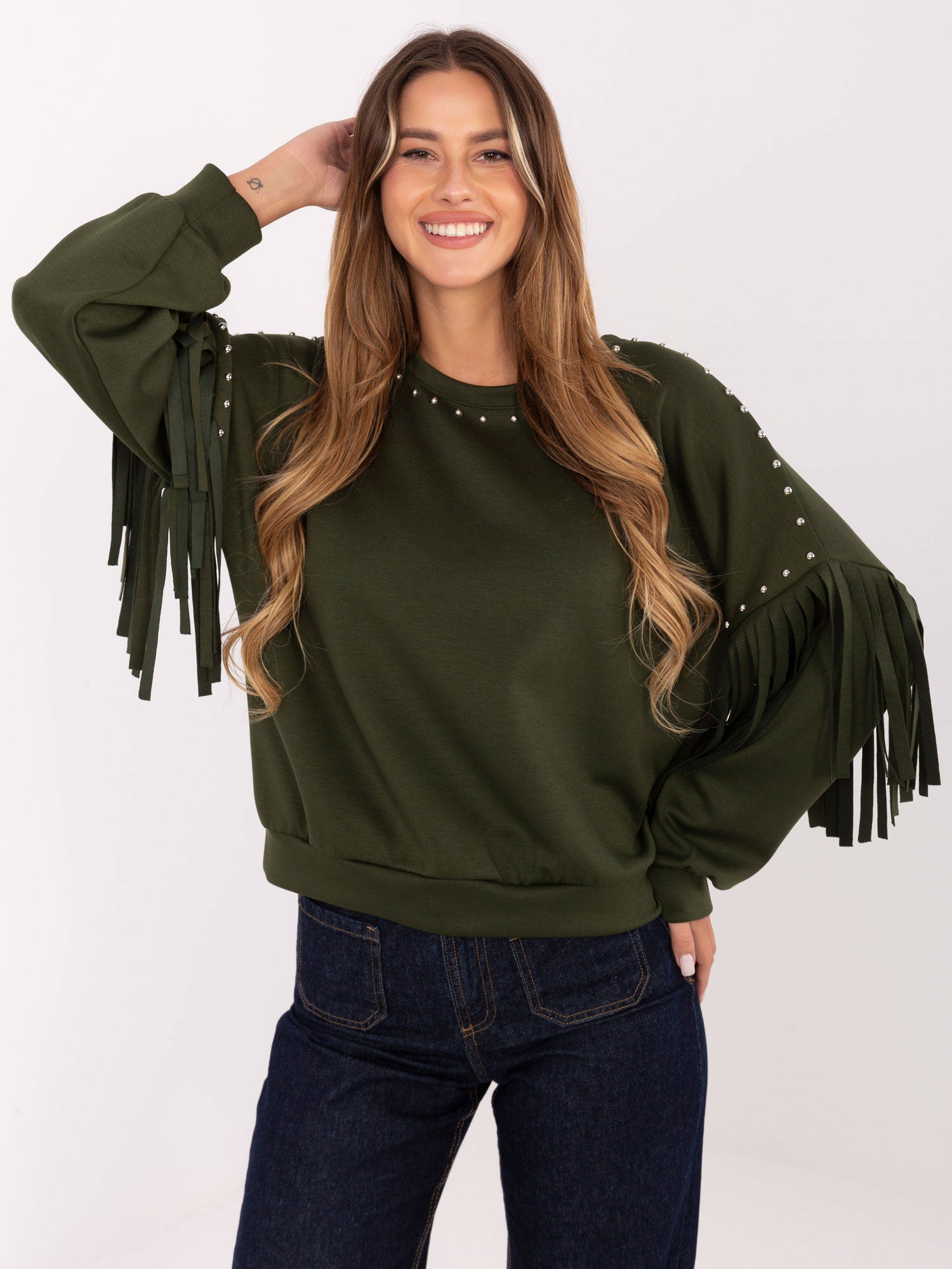 RUE PARIS Khaki damska bluza z frędzlami