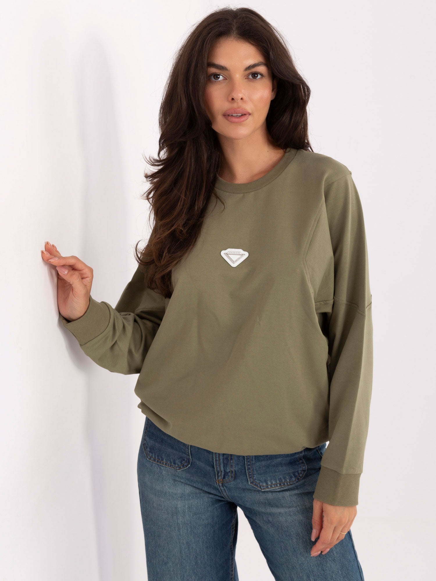 RUE PARIS Khaki damska bluza z okrągłym dekoltem
