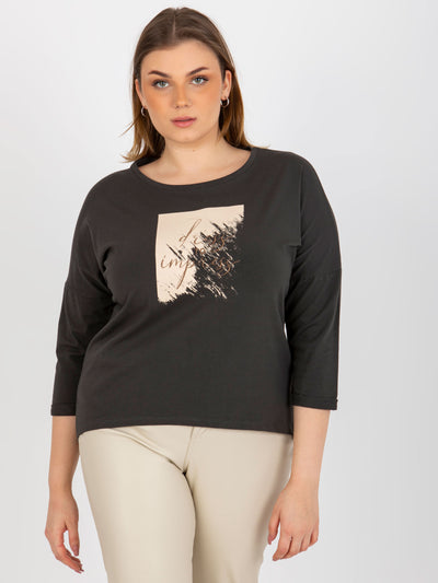 Khaki bluzka plus size z nadrukiem i rękawem 3/4