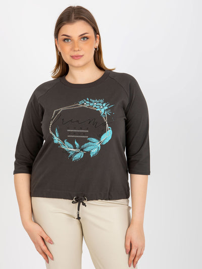 Khaki bluzka plus size z nadrukiem i dżetami