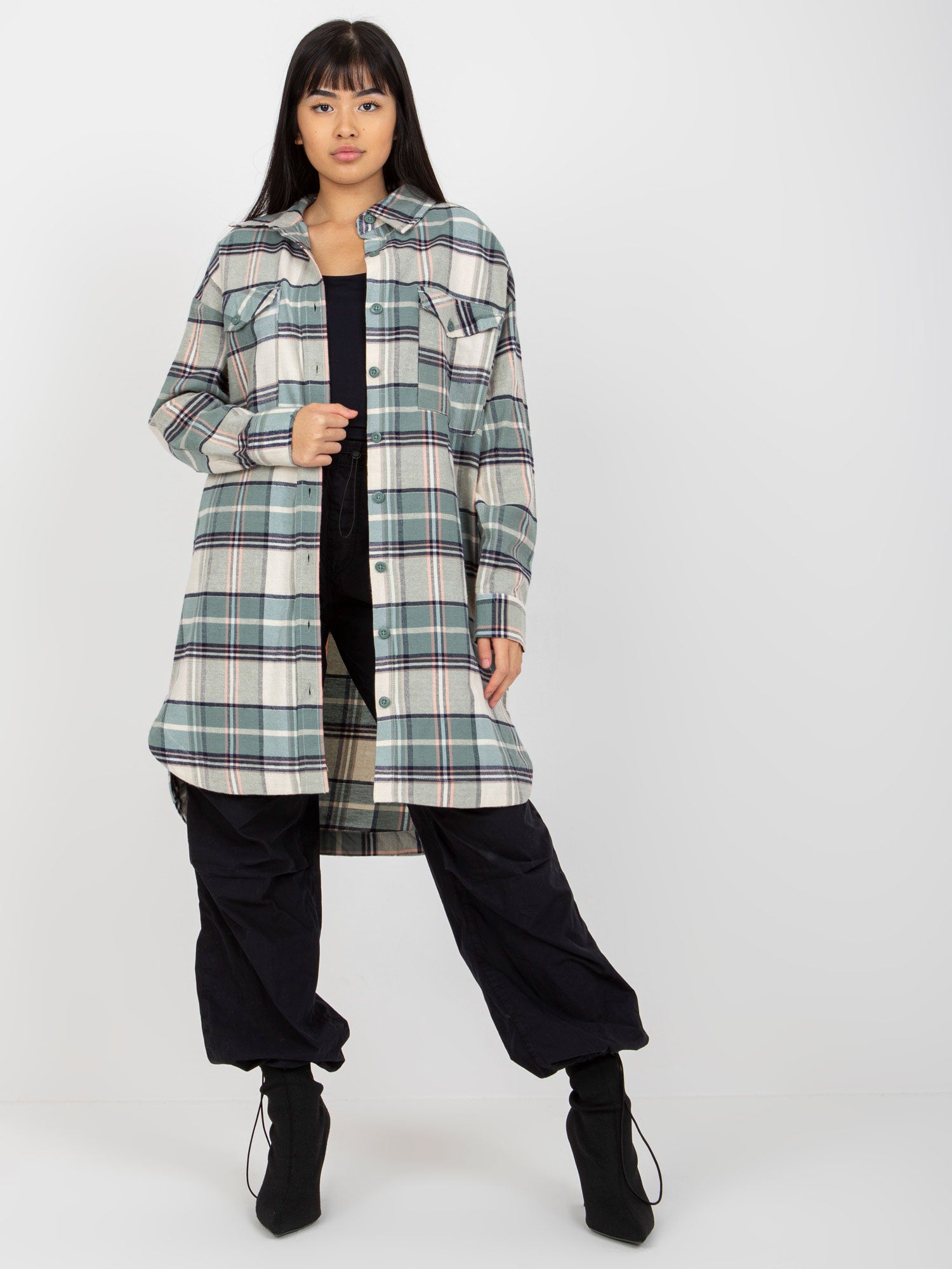 Khaki luźna koszula długa w kratę STITCH & SOUL