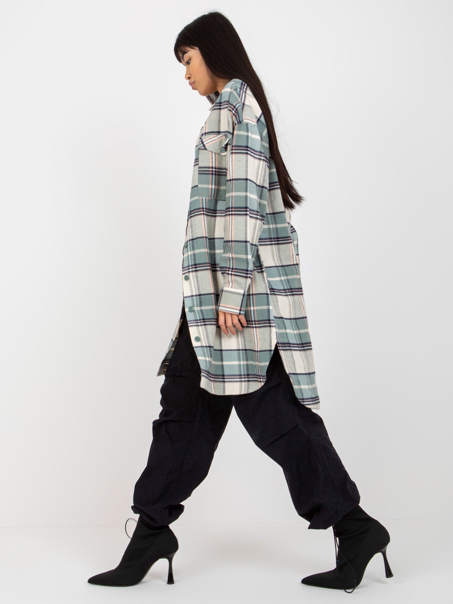 Khaki luźna koszula długa w kratę STITCH & SOUL